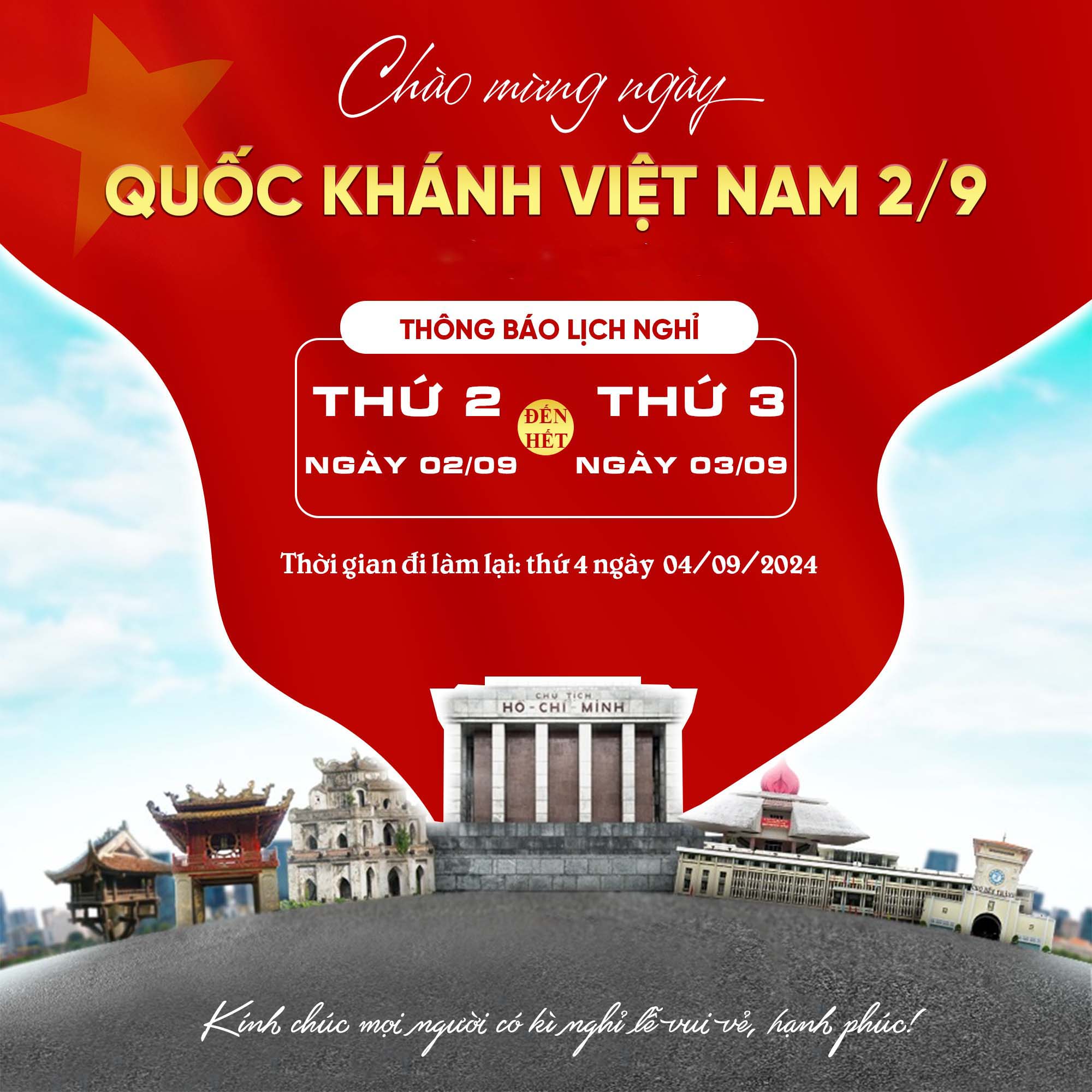 THÔNG BÁO LỊCH NGHỈ LỄ QUỐC KHÁNH 2/9/2024